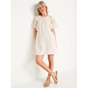 Old Navy Flutter Crochet Sleeve Babydoll Swing Dress M Cream Resort Summer Vacay